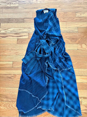 Greg Lauren Quilt Indigo Wrap Dress Plaid Cotton Maxi Wrap Dress in Blue